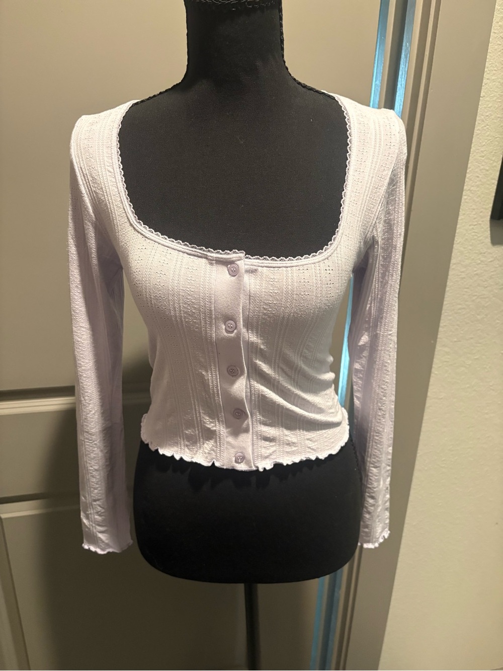 Organic Basics Lavender Ribbed Square-Neck Button Down Crop Top